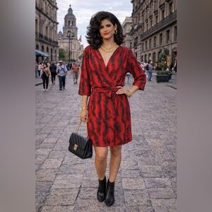 Vintage 80s Darian Red Abstract Zebra Print Wrap Style Dress Size 14 Retro Party